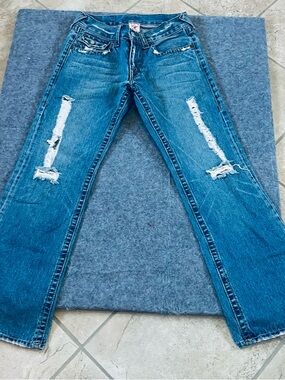 True Religion Men's Blue Distressed Bootcut Jeans